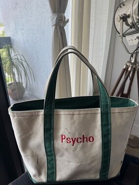 Iconic - LL Bean Canvas Tote Bag 👾 with Green Trim and Red Embroidery